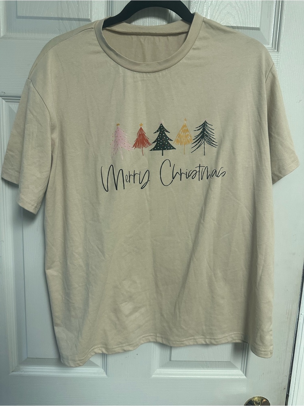 Merry Christmas Graphic Tee - Cream with Multicolor Trees